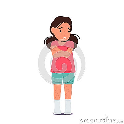 Little Girl Character with Monkeypox Virus Symptoms Fever and Rash. Children Healthcare Awareness against Disease Vector Illustration