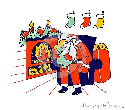 Little Girl Character Sitting on Santa Knees at Burning Fireplace Whispering in his Ear Tell Secrets, Christmas Holiday Vector Illustration