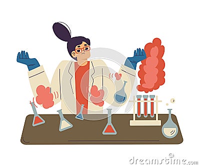 Little Girl Chemist and Scientist with Flask in Chemistry Lab Doing Scientific Experiment with Failure Vector Vector Illustration