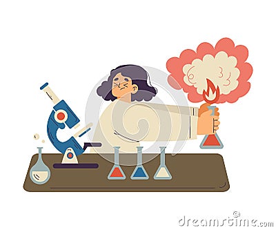 Little Girl Chemist and Scientist with Flask and Microscope in Chemistry Lab Doing Scientific Experiment Vector Vector Illustration