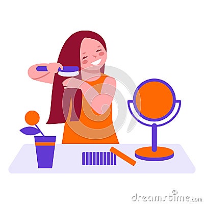 A little girl combing her hair in front of the mirror in the room. Vector illustration in flat cartoon style. Vector Illustration