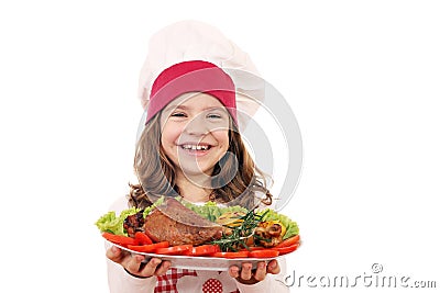 Little girl cook with big turkey drumstick Stock Photo