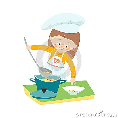 Little girl cooking a soup. Little chef. Vector hand drawn eps 10 clip art illustration isolated on white background. Vector Illustration