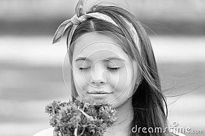 Little girl cornflowers bouquet holiday greetings, fresh fragrance concept Stock Photo