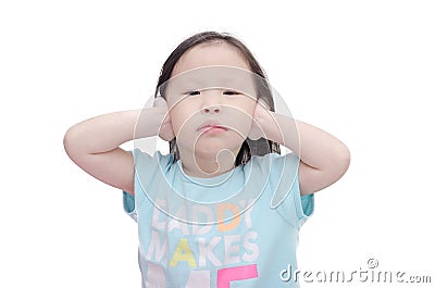 Little girl cover her ears by hands over white Stock Photo