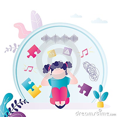 Little girl covers ears for fear of loud sounds. Child with autism suffer from loud music Vector Illustration