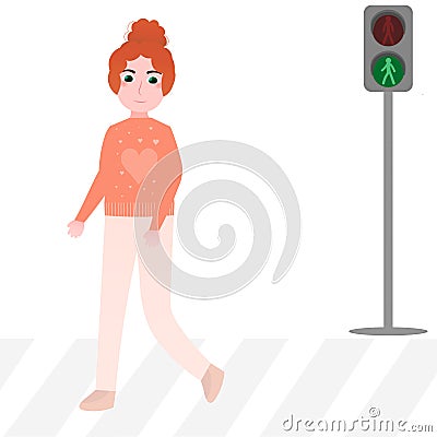 Little girl crossing road under traffic light, pedestrian rules for kids for educational posters Vector Illustration