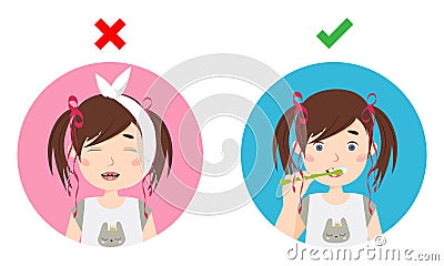 Little girl crying of toothache and girl brushing teeth. Dental care vector illustration. Vector Illustration