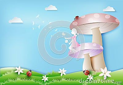 Little girl with Dandelion flower floating and ladybug paper art Vector Illustration