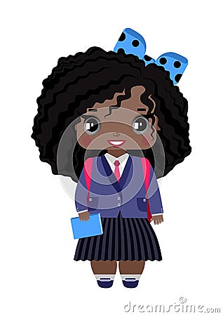 little girl, with dark skin, black curly hair, gray eyes, blue bow and school uniform Vector Illustration