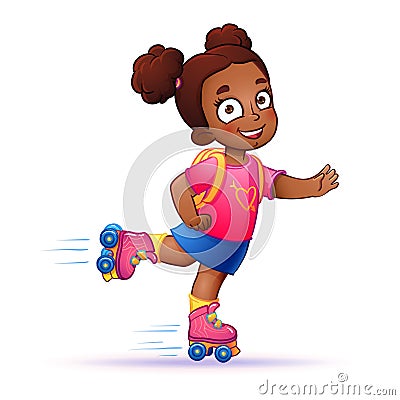 Little girl dark skin rides on roller skates Vector Illustration