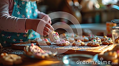 Little girl Decorating Easter cookies, family kitchen, casual and comfy Stock Photo