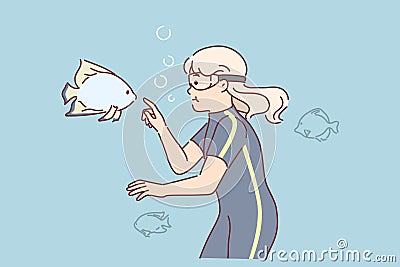 Little girl diver swims under in lake among fishes exploring underwater world during summer trip Vector Illustration