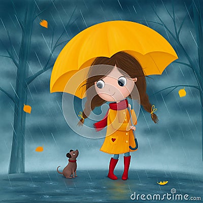 Little girl and dog walk in the rain Cartoon Illustration