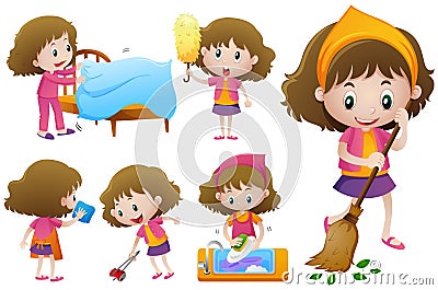 Little girl doing different housework Vector Illustration