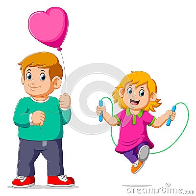 Little girl doing skipping rope with her brother carrying balloon Vector Illustration