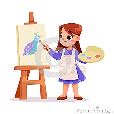 Little Girl Drawing Bird with Easel Have Creative Pursuit Enjoy Recreation Vector Illustration Vector Illustration