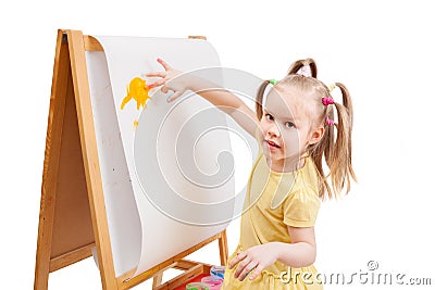 Little girl is drawing by painted colors Stock Photo