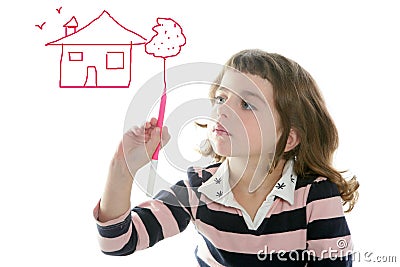 Little girl drawing real state house Stock Photo