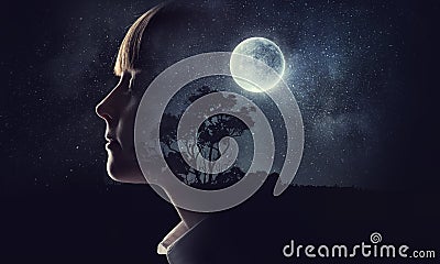 Little girl dreaming with closed eyes . Mixed media Stock Photo