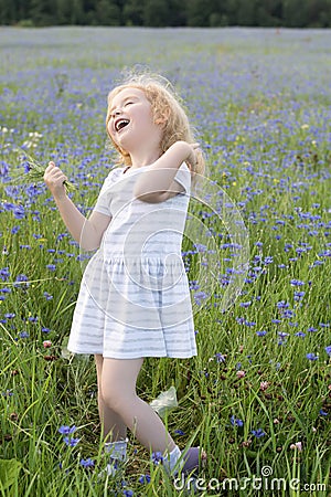 A little girl in a dress and with a bouquet of flowers laughs and plays in a field with cornflowers on a summer day Stock Photo