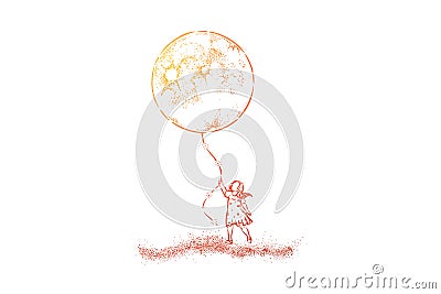 Little girl in dress holding huge moon balloon, faceless preschool child with big present, surreal dream Vector Illustration