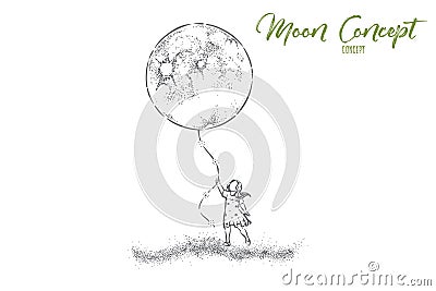 Little girl in dress holding huge moon balloon, faceless preschool child with big present, surreal dream Vector Illustration