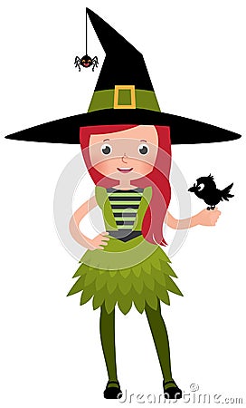 Little girl in a druid witch costume with a crow Vector Illustration