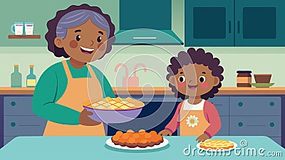 A little girl eagerly helping her grandmother in the kitchen as they prepare a batch of sweet potato pie a traditional Vector Illustration