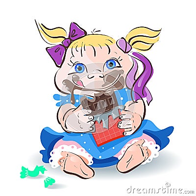 Little girl eating chocolate in a red wrapper next to the candy Vector Illustration