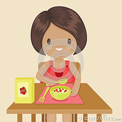 Little girl is eating her breakfast. Vector Illustration