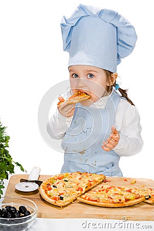 Little girl eating pizza Stock Photo