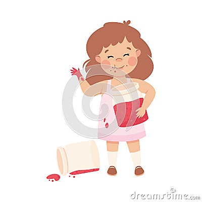 Little Girl Eating Sweet Jam from Jar with Hands Having Bad Behavior Vector Illustration Stock Photo