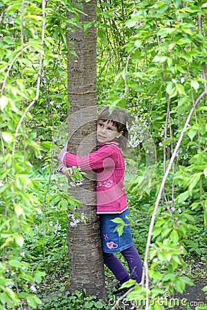 The little girl embraces a trunk of a cherry tree Stock Photo