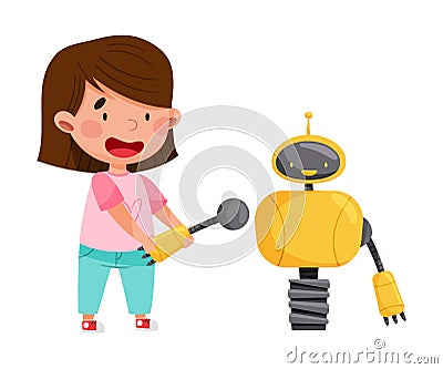 Little Girl Engineering and Creating Robot Vector Illustration Vector Illustration