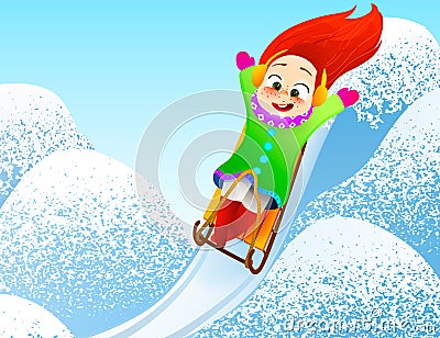 Little girl enjoying a sleigh ride. Child sledding. Toddler kid riding a sledge. Children play outdoors in snow. Kid sled in the Stock Photo