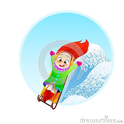 Little girl enjoying a sleigh ride. Child sledding. Toddler kid riding a sledge. Children play outdoors in snow. Kid Vector Illustration