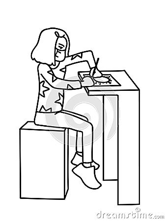 Little girl in facial mask sits on a high chair, draws coronavirus. Monochrome vector illustration of masked cute girl Vector Illustration