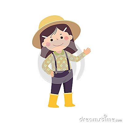 Little girl farmer or gardener showing her hand Vector Illustration