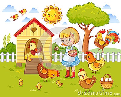 A little girl feeds chickens and hens. Cartoon Illustration