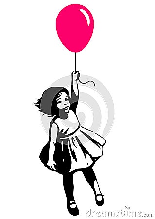 Little girl floating ion red balloon street art graffiti style Vector Illustration