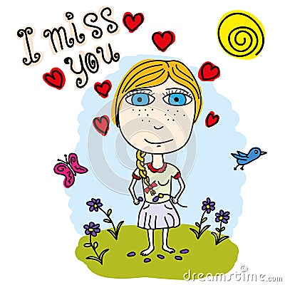 Little girl with flower. Text - I miss you. Vector Illustration