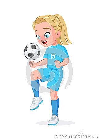Little girl football player in blue uniform kicking soccer ball with knee. Isolated vector illustration Vector Illustration