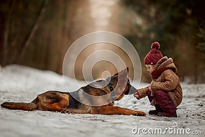 Little girl with German shepherd 6-th months puppy at early spring Stock Photo