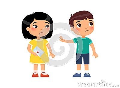 A little girl gives the boy a love letter and is rejected. First love concept. Child psychology. Vector Illustration