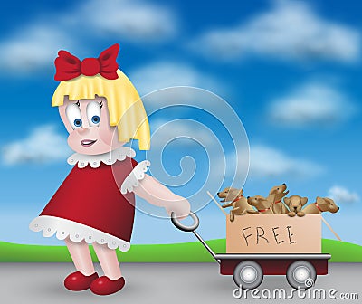 Little girl giving away puppy's Cartoon Illustration