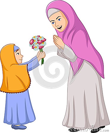 Little girl giving a bunch of flowers to her mother Vector Illustration