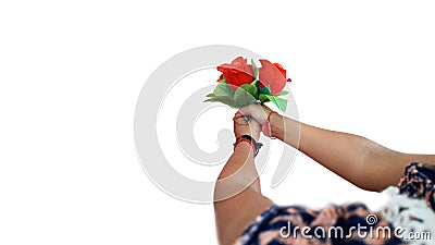 little girl giving roses bouquet to someone isolated photo Stock Photo
