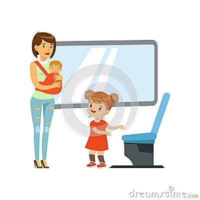 Little girl giving way to woman with baby in public transport, kids good manners concept vector Illustration on a white Vector Illustration