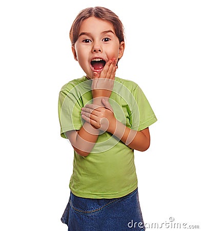 Little girl glad joyful surprise opened her mouth Stock Photo